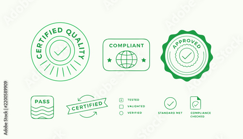 Green Certification Stamp Set with Compliant and Approved Badges. Quality Verified Icons, Compliance Seals, and Standard Met Labels