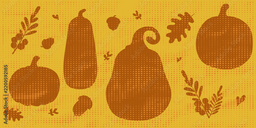 Obraz premium Halftone-style autumn pumpkins, acorns, and oak leaves in warm orange and brown tones. A retro-style autumn design for posters, packaging, greeting cards, textiles, and seasonal graphics.