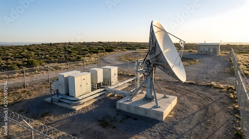 Satellite dish and equipment array sit within a fenced compound in a desert landscape