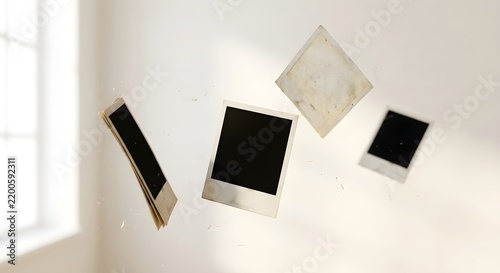 Floating instant photographs drift against a bright white wall and window light