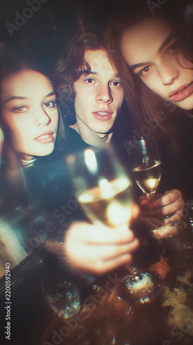 Group of young friends enjoying a party with drinks, nightlife celebration, social gathering, friendship, festive atmosphere and happy lifestyle concept