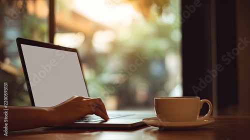 Person using a laptop against a warm sunlit bokeh background, remote work, online business, digital communication, freelance lifestyle and technology concept
