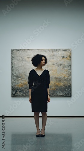 Woman in black standing beside a large abstract artwork in a minimalist gallery, contemporary art exhibition, culture, museum visit and refined lifestyle concept