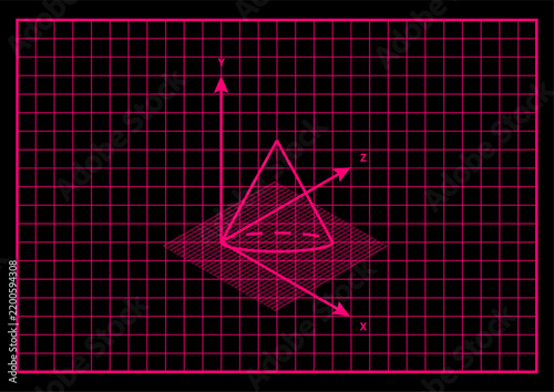 Cone geometry spatial projection grid scheme neon pink background black. Bright magenta wireframe cone model XYZ coordinate axes grid plane dark background cybernetic technology interface visual