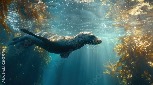 Dynamic underwater photo of sea lion in kelp forest Canon EOS R5 35mm f4