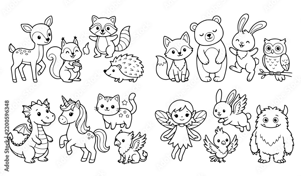 Fototapeta premium Cute hand drawn woodland and domestic animal collection featuring deer cats dogs rabbits bears birds and playful wildlife characters
