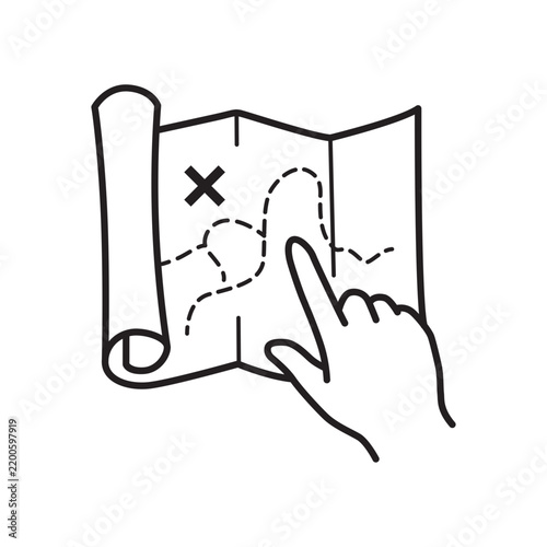 Simple line art icon showing a hand pointing to a mark on a treasure map, representing navigation, travel planning, adventure, discovery, and directional strategy.