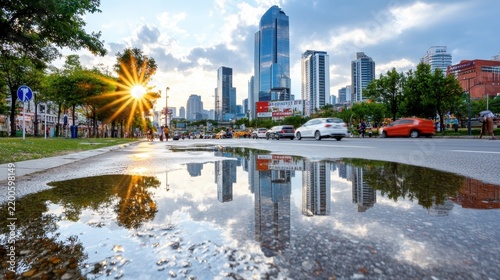 Sunset Cityscape Reflected in a Puddle