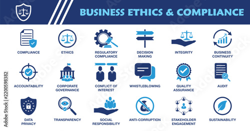 Business Ethics and Compliance Icon Set. Collection of Corporate Governance, Accountability, Transparency, Anti-Corruption, Data Privacy, Social Responsibility and More Icons. Editable Vector.