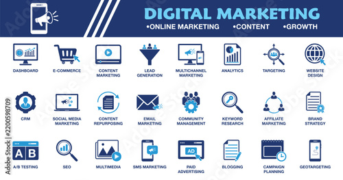 Digital Marketing Icon Set. Collection of Online Marketing, Lead Generation, Social Media, SEO, Analytics, Paid Advertising, and More Icons. Editable Vector Illustration.