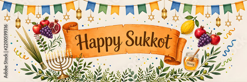 Festive Sukkot Celebration with Colorful Garland, Fruits, Menorah, and Honey on Scroll Banner Surrounded by Greenery and Confetti  