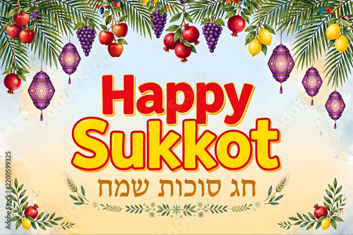 Festive Sukkot Greeting with Hanging Lanterns, Palm Leaves, and Colorful Fruits on a Pastel Background  