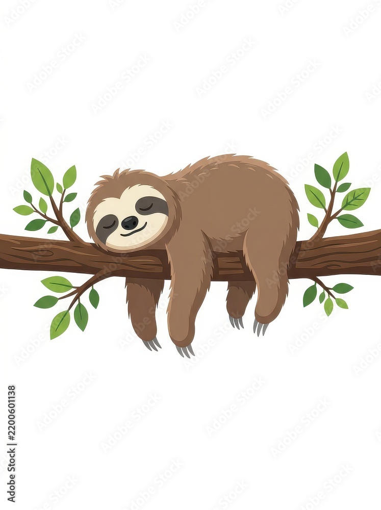 Fototapeta premium Adorable Sleeping Sloth Vector Illustration on a Tree Branch with Green Leaves for Kids Design