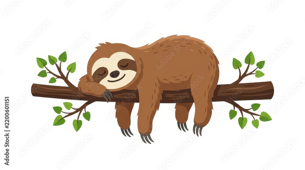 Fototapeta premium Cute Cartoon Sloth Sleeping Peacefully on a Tree Branch Illustration Isolated on White Background for Kids Design