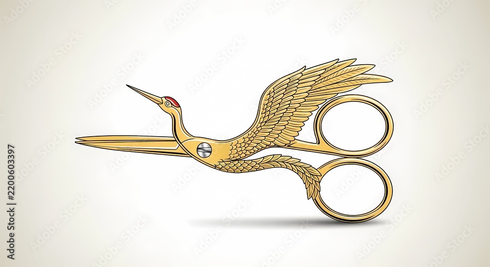 Fototapeta premium Vintage gold stork embroidery scissors isolated on light background. Elegant crane shaped sewing shears for handicraft, needlework, and professional tailoring craft projects.