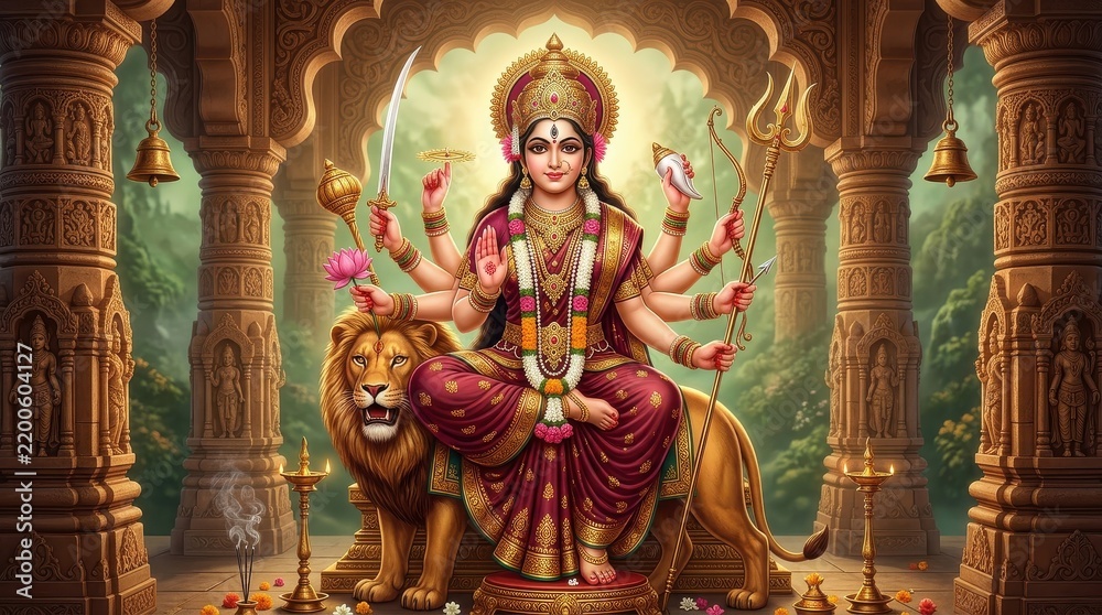 Fototapeta premium Goddess Durga Sitting on Lion with Multiple Arms Holding Weapons in a Sacred Temple Setting for Navratri Festival