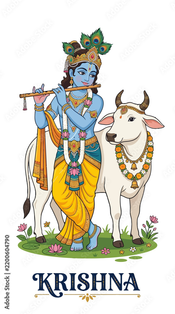 Fototapeta premium Lord Krishna playing flute with sacred cow vector illustration