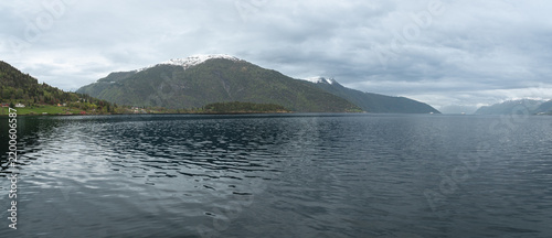 Panoramic fjord landscape with mountains and sea Norway