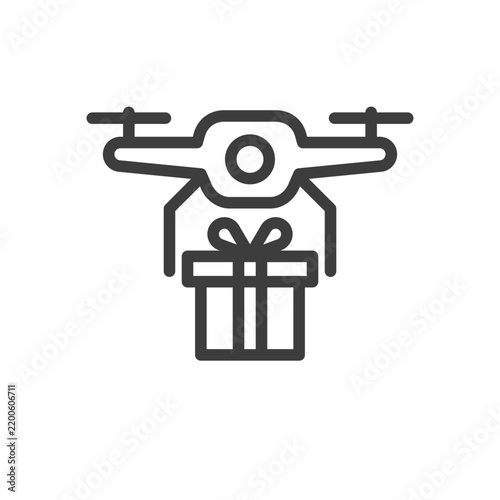 drone delivering gift box clip art icon symbol, express delivery concept, line art vector illustration