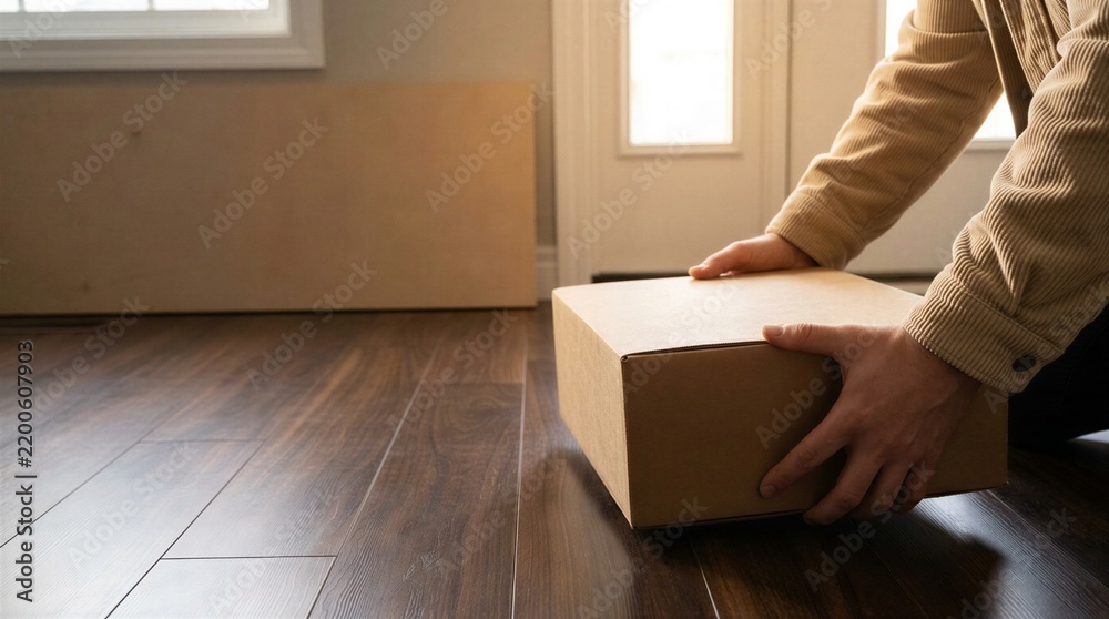 Fototapeta premium Close up of hands picking up cardboard parcel from dark wooden floor