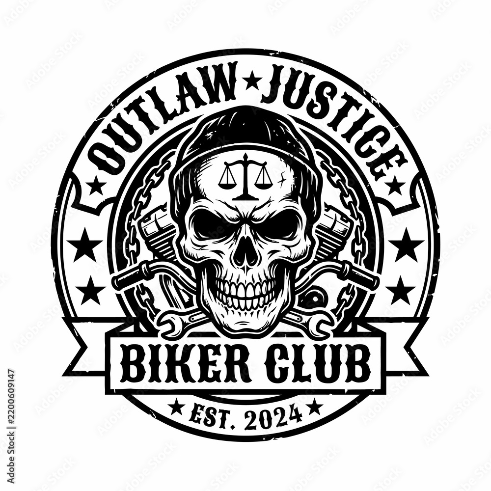 Fototapeta premium Outlaw justice biker club emblem with skull, motorcycle handlebars, and wrenches in vintage black and white tattoo style illustration