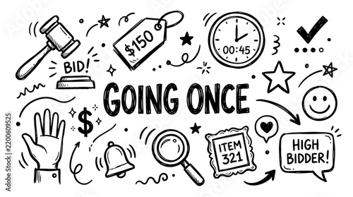 Hand drawn doodle auction elements with gavel, price tag, clock and going once text