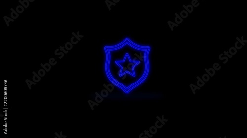 Blue Neon Glowing Shield with Star Police Badge Icon Animated Motion Video Loop Isolated on Black Background, Security, Protection, Law Enforcement, and Cyber Defense Graphic