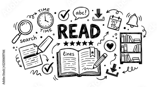 Hand-drawn education and reading doodle elements set with books, pencils, and study icons