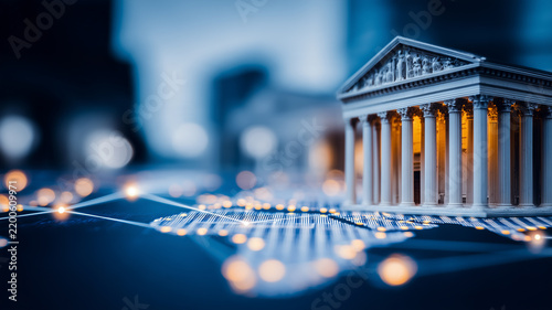 A classical bank building connected to a digital network represents financial technology and modern banking infrastructure.
