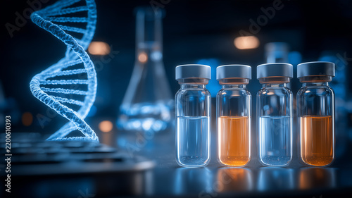 A DNA helix beside laboratory vials represents vaccine development and modern biotechnology research.
