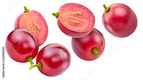 Flying grapes set for packaging. Fresh ripe levitation berries isolated on white background with clipping path