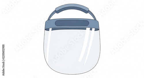 Medical protective face shield illustration with blue headband and clear visor isolated on white background for health safety and PPE concepts.