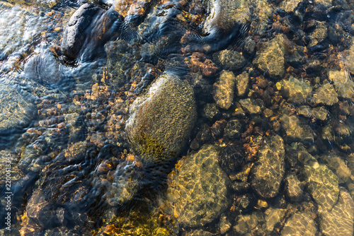 Obraz na plátně Crystal clear stream water flows slowly over colorful pebbles at the bottom, with sunlight creating refractive bokeh on the surface