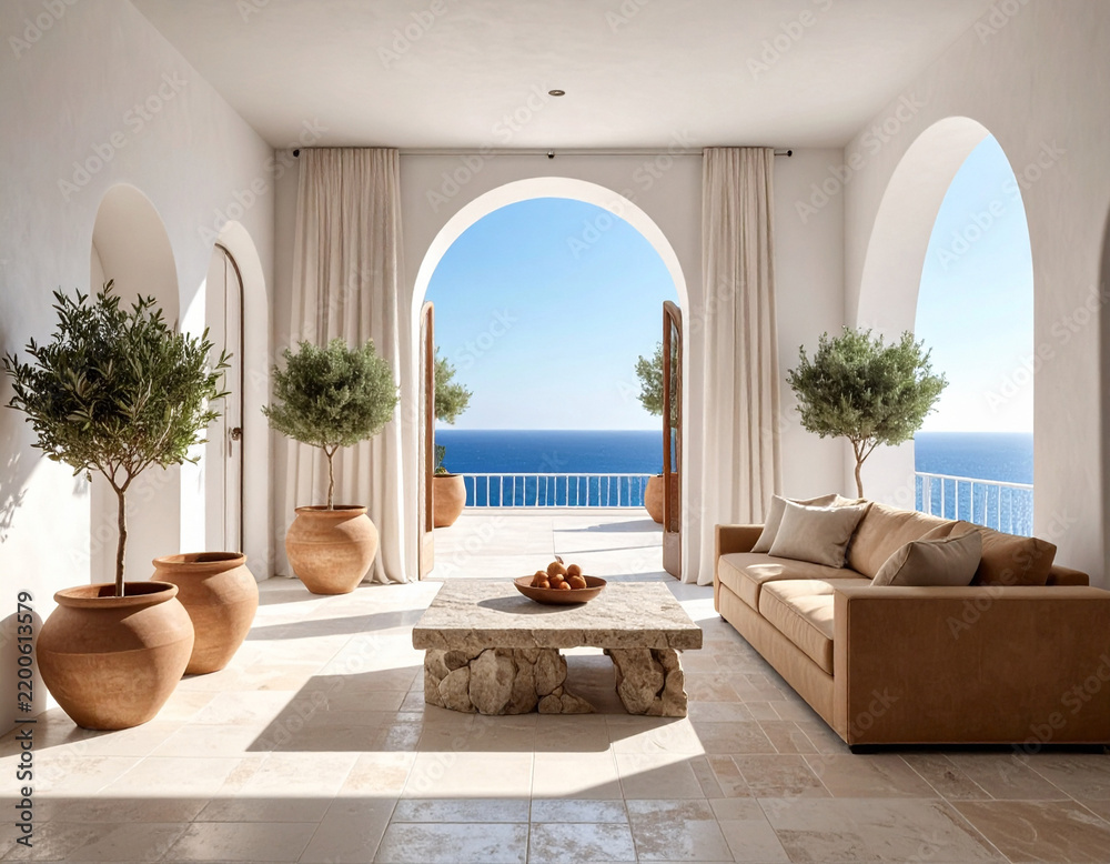 Fototapeta premium A tranquil Mediterranean living room with arches, no people, offers serene sea views. Elegant stone furniture and potted olive trees create a peaceful, luxurious escape for travel or design.