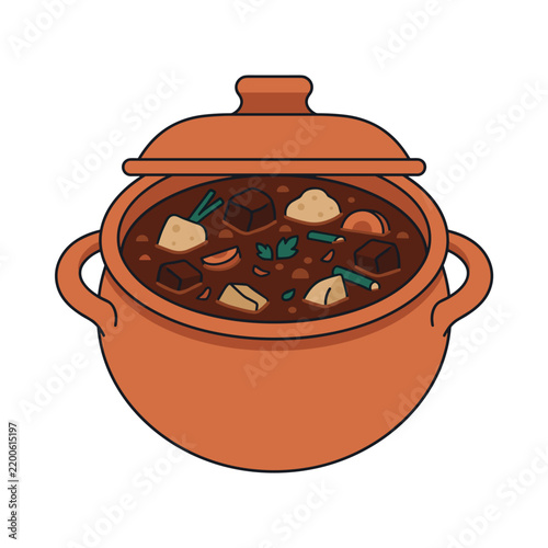 Terracotta pot filled with hot stew and vegetables illustration
