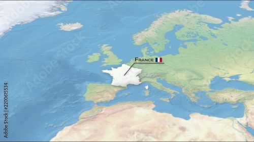 Animated map highlighting the location and outline of France. Geographic visualization suitable for travel, geography, news, documentary and educational content.