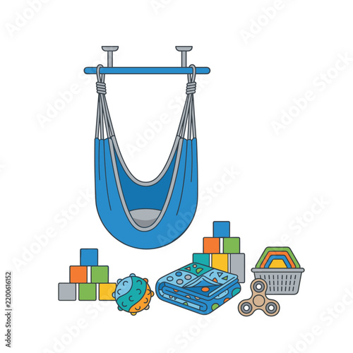 Sensory swing hanging from ceiling with colorful children toys and play equipment