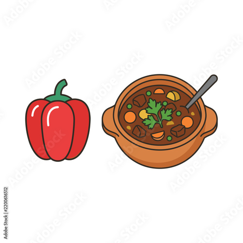 Red bell pepper and clay bowl of hot vegetable meat stew with a spoon