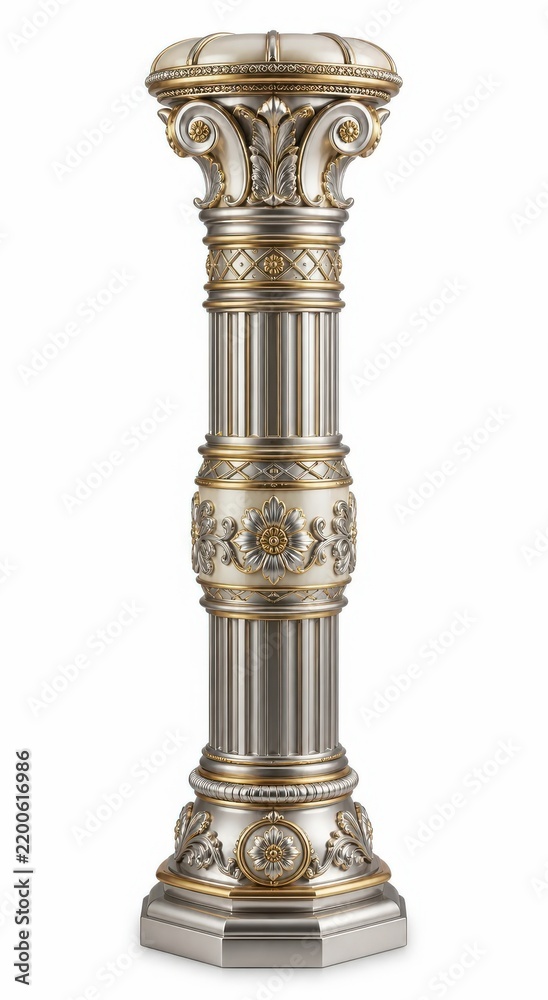 Obraz premium Ornate classical decorative column pedestal in silver and gold, isolated