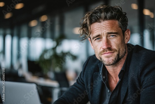 Man in office looks at camera while seated at desk