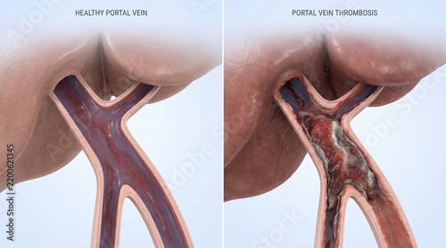 Portal Vein Thrombosis vs Healthy Vein Anatomy Comparison Illustration
