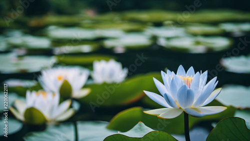 Fotografie White water lilies blooming on garden pond