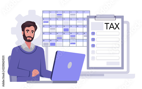 Man Using Laptop with Tax Calendar and Checklist