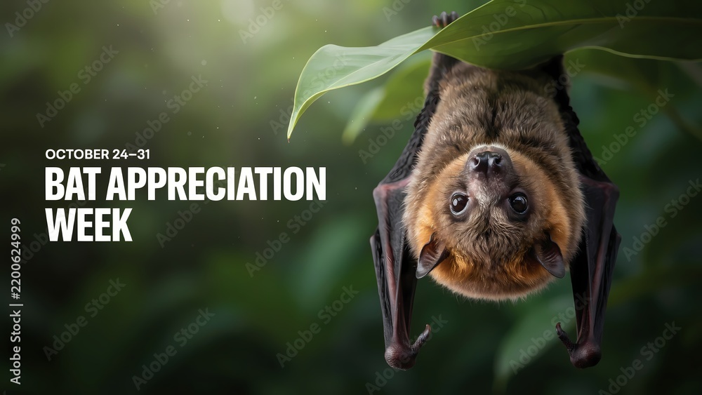 Obraz premium Cute flying fox bat hanging upside down in a tropical tree during bat appreciation week event
