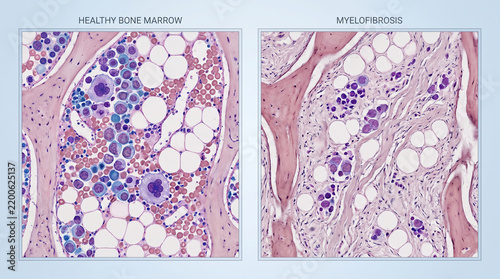 Myelofibrosis and Healthy Bone Marrow Histology Comparison
