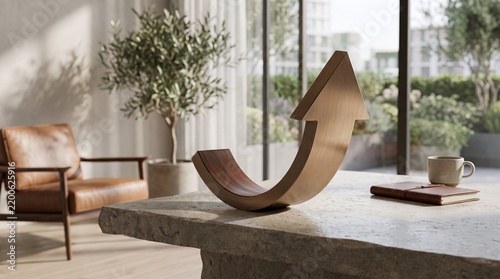 Wooden Arrow Sculpture Pointing Upward on Modern Office Desk