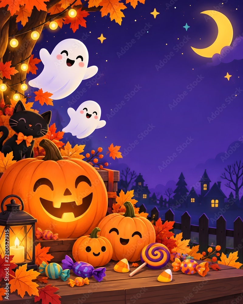 Fototapeta premium Colorful Cute Halloween Night Illustration with Copy Space