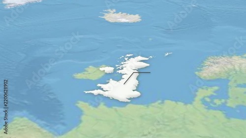 Animated map highlighting the location and outline of the United Kingdom. Geographic visualization suitable for travel, geography, news, documentary and educational content.