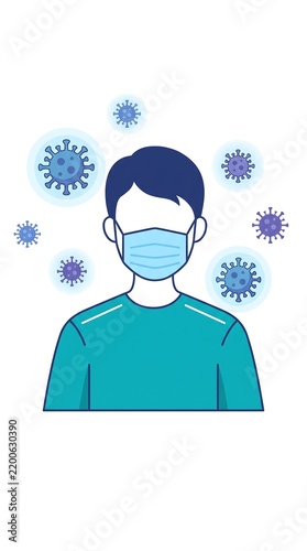 Young Man Wearing Protective Face Mask Surrounded by Floating Coronavirus Cells - Vector Illustration of COVID-19 Prevention, Healthcare Safety, Flu Protection, and Pandemic Concept