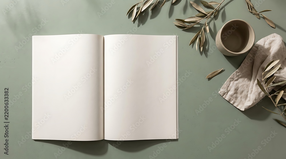 Fototapeta premium Open blank book with coffee cup and olive branches on a flat table for creative writing concept. editorial spread mockup